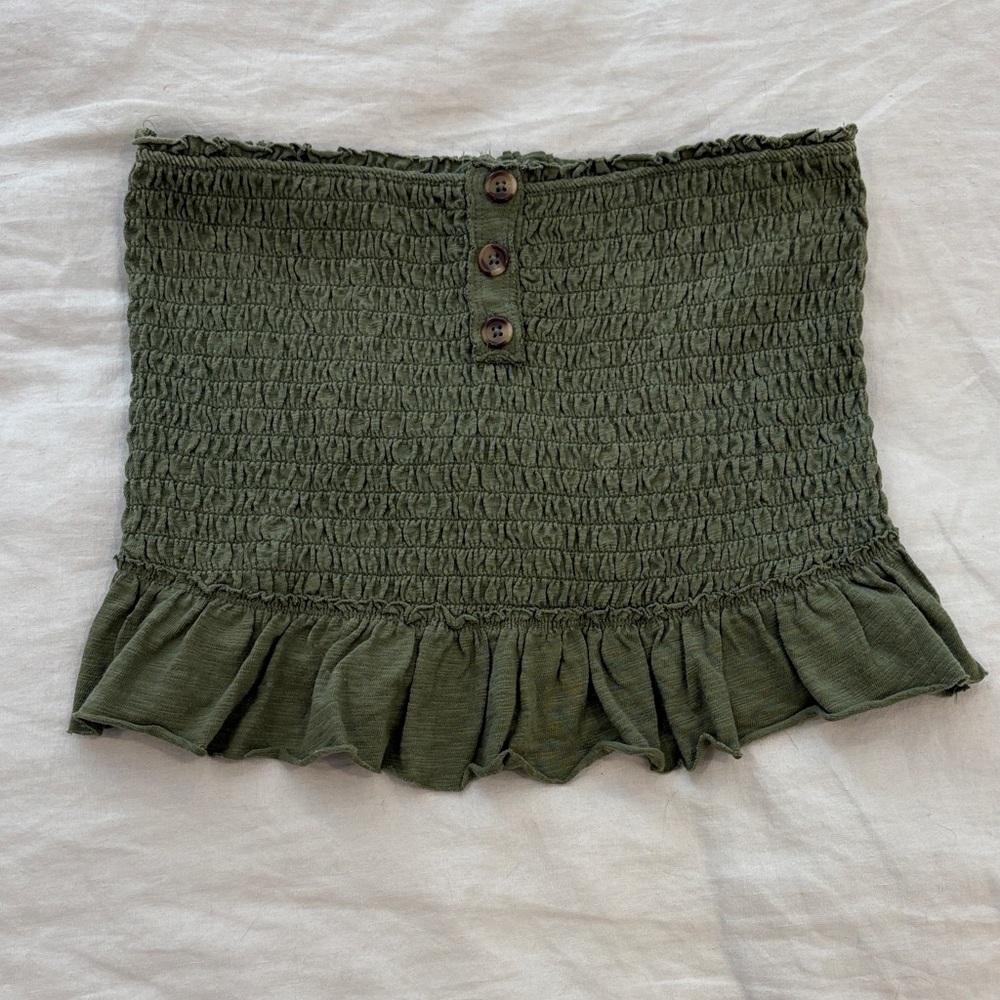Free People Olive Green Smocked Ruffle Tube Top, Size M